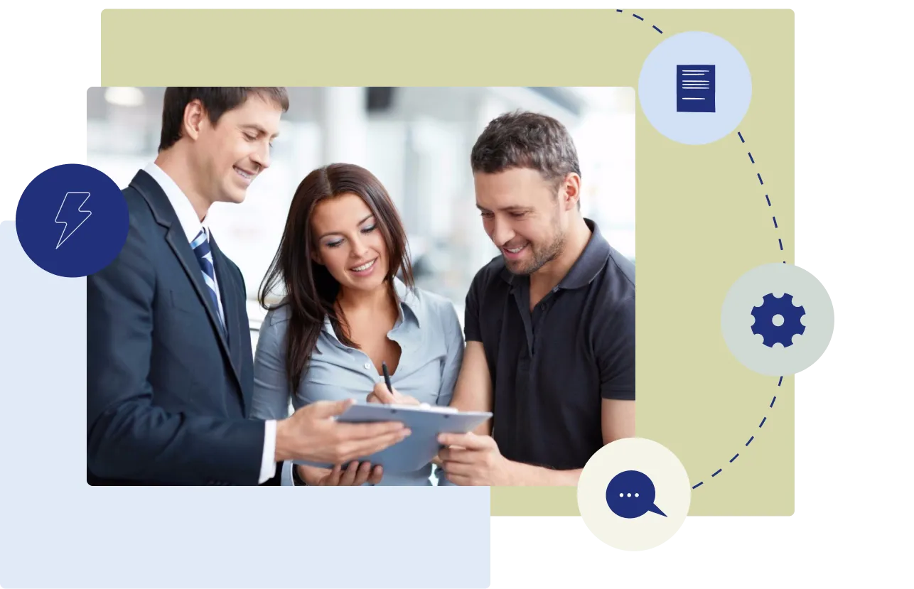 Three colleagues reviewing documents on a clipboard, with business and communication icons around them.